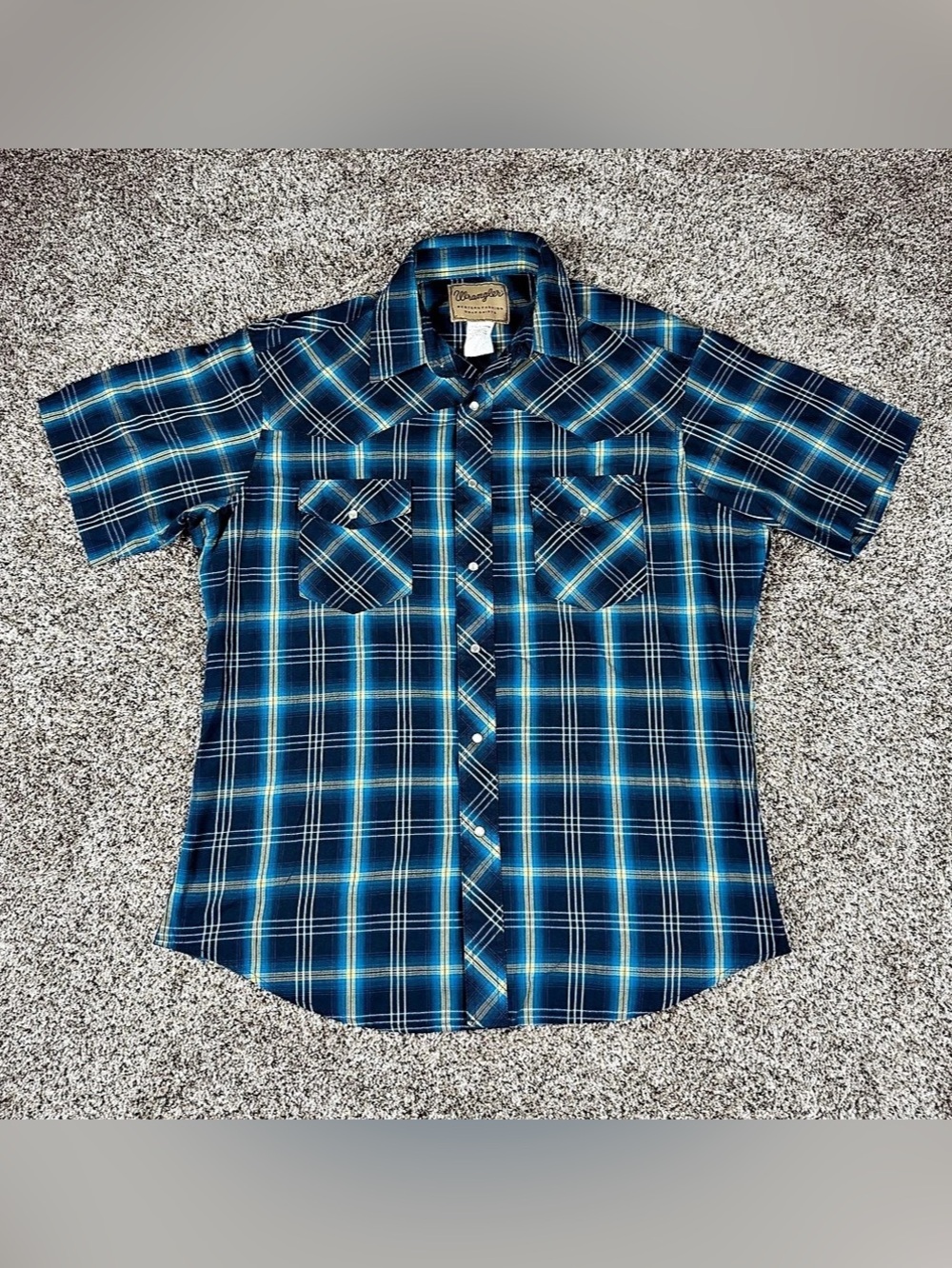Sz Large Men’s Wrangler Pearl Snap Plaid Western Shirt Blue Striped Cowboy